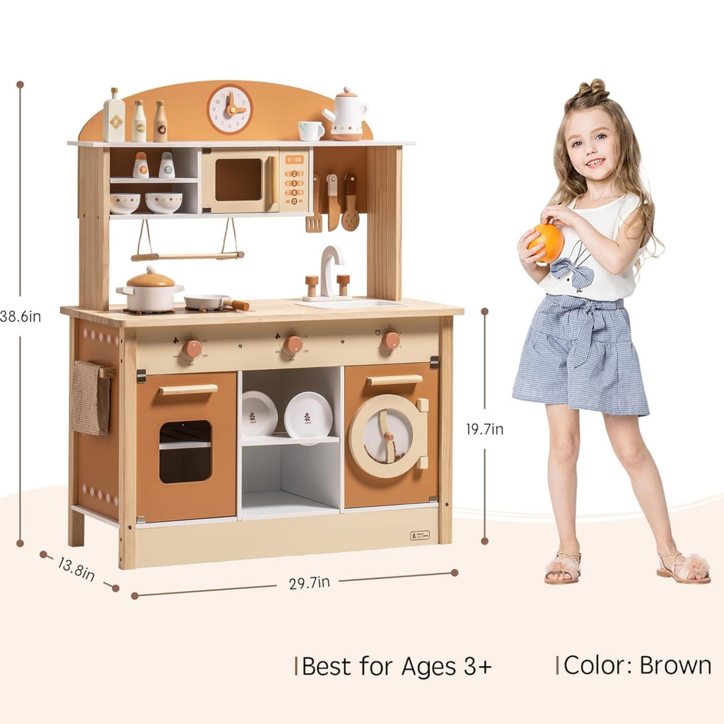 Children's wooden play kitchen set with measurements and a child standing next to it.