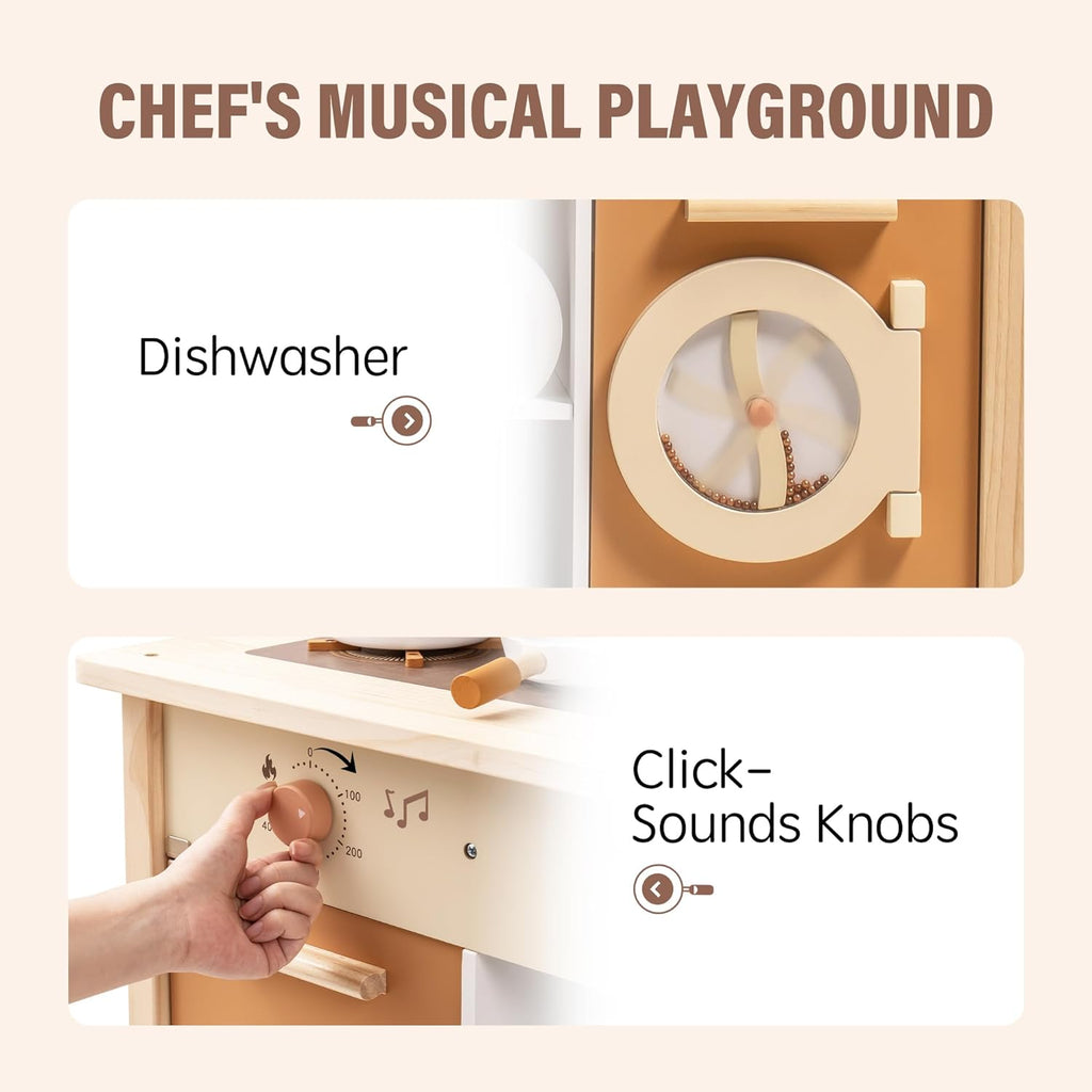 Wooden toy dishwasher with musical features on a beige background