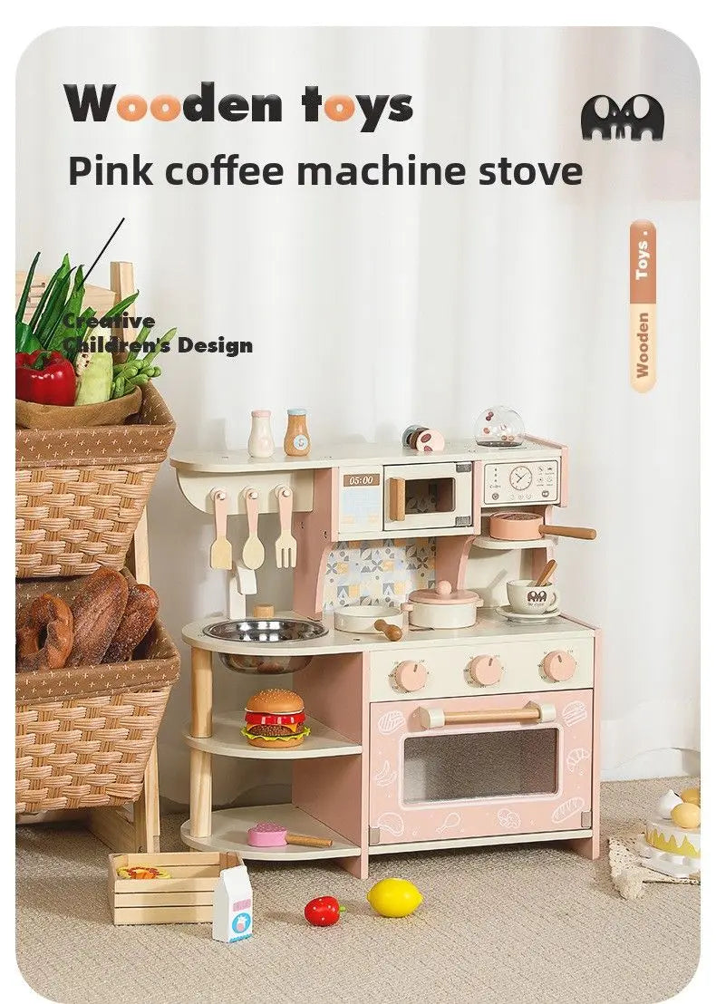 Wooden toy coffee machine stove with accessories on a neutral background