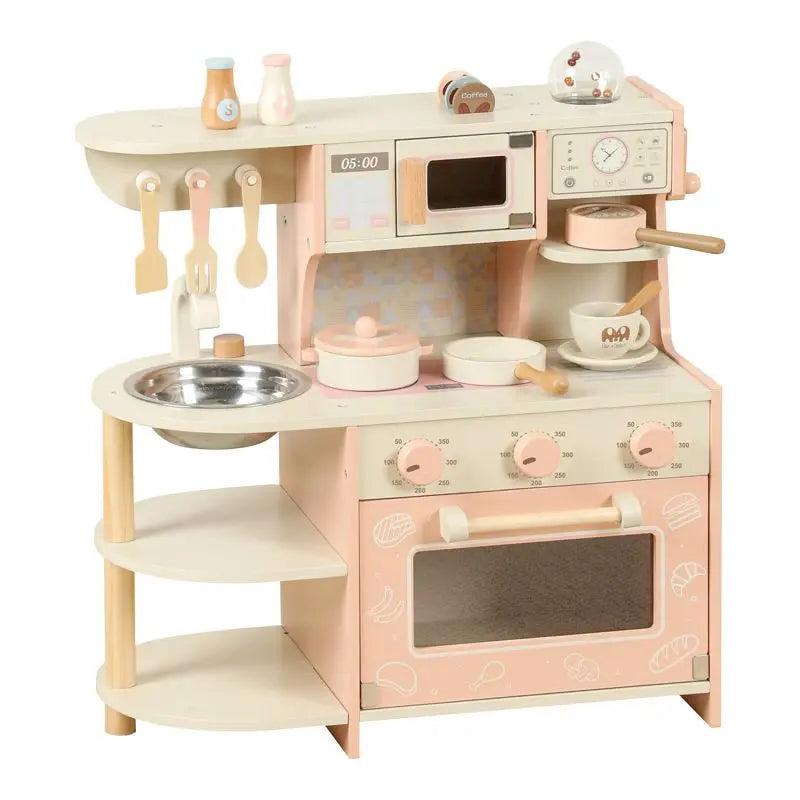 Children's wooden play kitchen set with various accessories on a white background