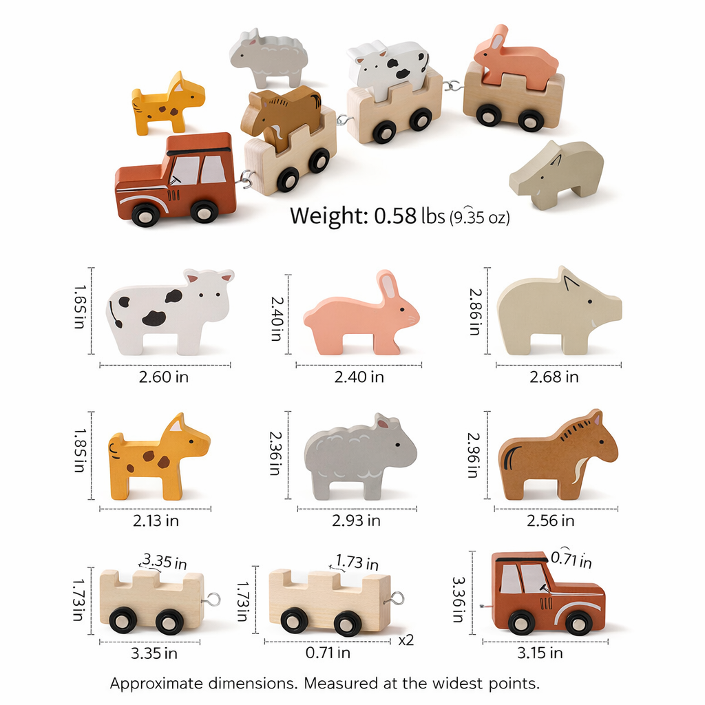 Wooden toy animals and vehicles with measurements and weight displayed.