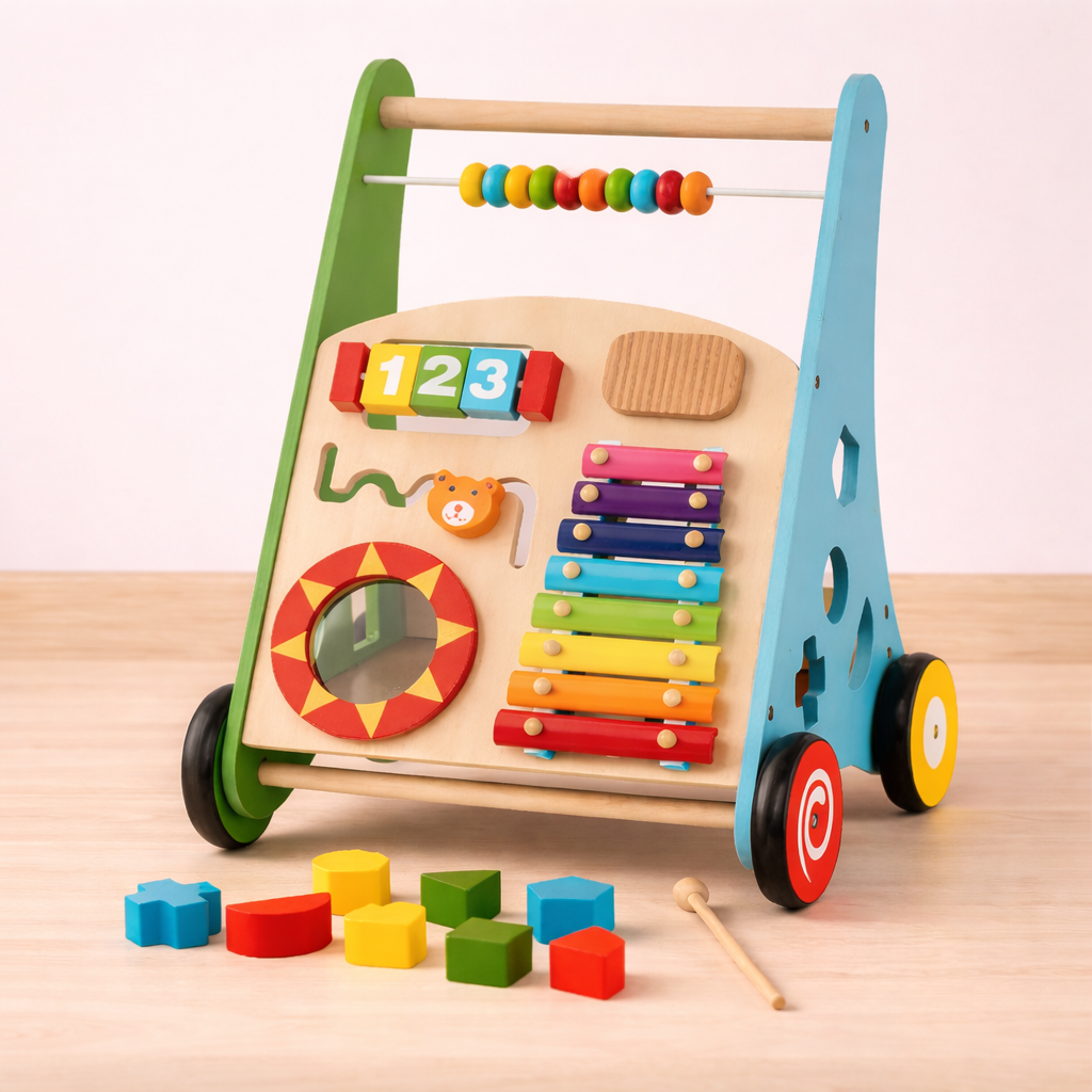 Colorful wooden activity center with various educational elements on a light wooden surface.