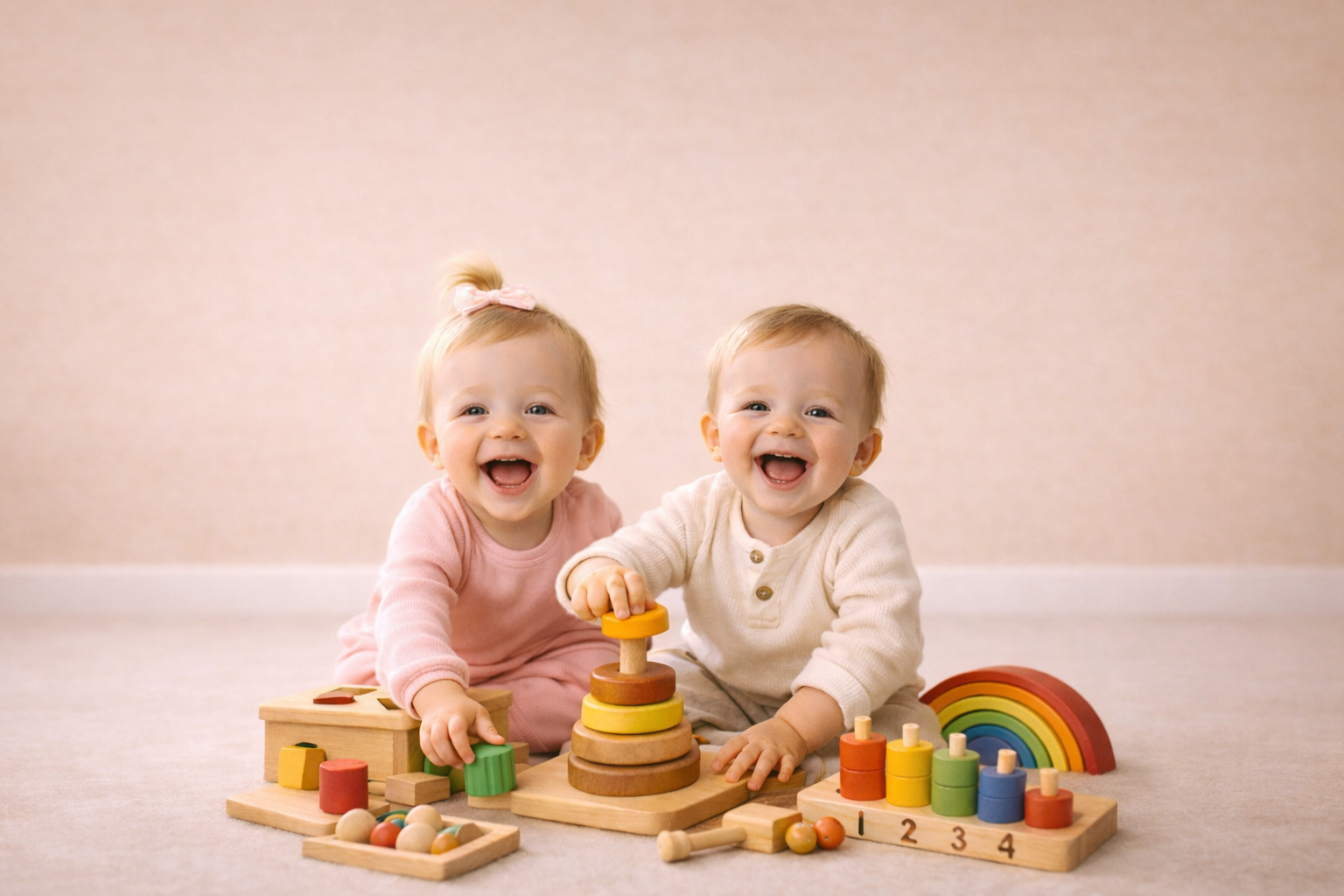 Two children playing with wooden toys on a light-colored surface.