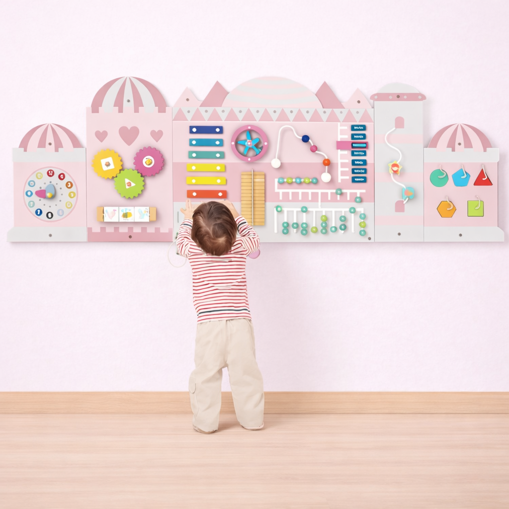 Child interacting with a colorful wall-mounted board in a child-friendly room.