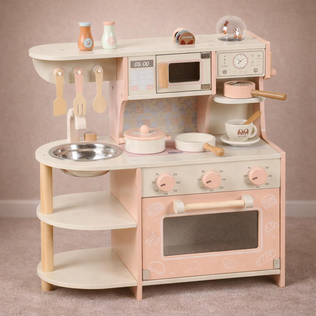 Children's wooden play kitchen set with various accessories on a beige background