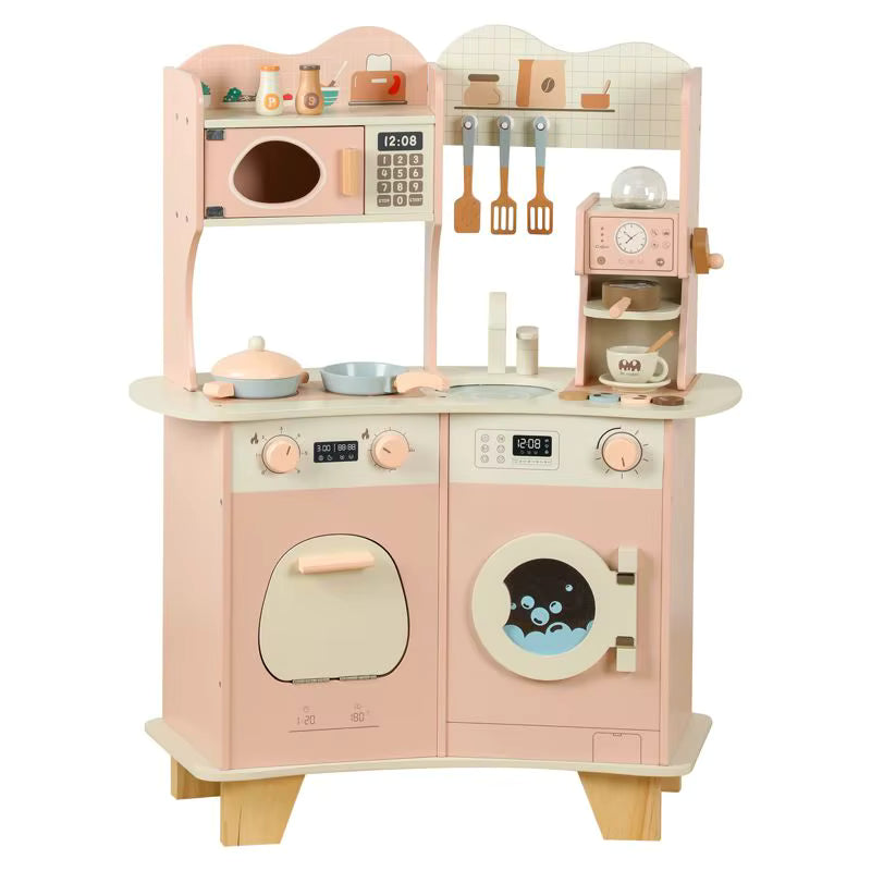 Pink toy kitchen set with various appliances and utensils on a white background