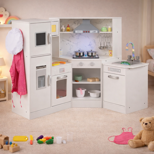 Children's play kitchen set with toys on a carpeted floor