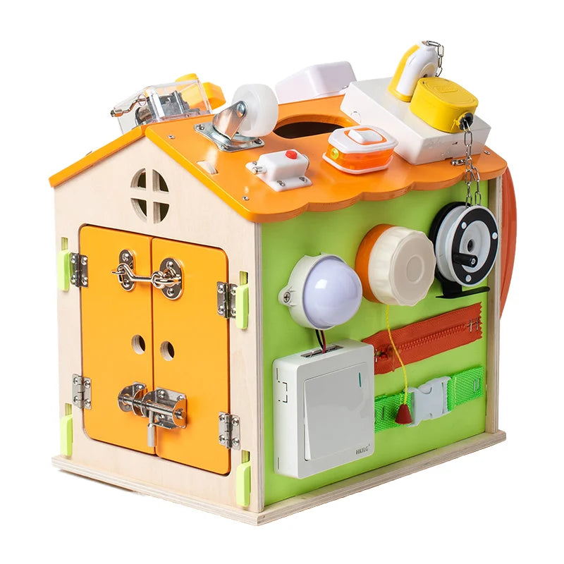 Children's wooden activity cube with various mechanical components on a white background