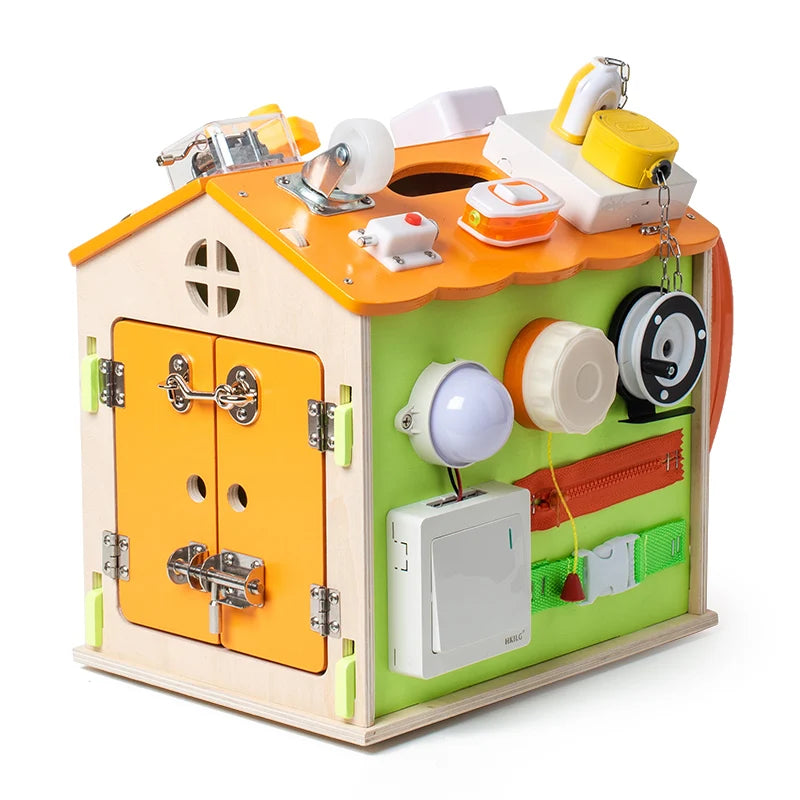 Colorful toy workshop with various mechanical components on a white background