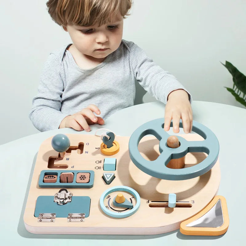 Child playing with a wooden toy puzzle on a light surface.