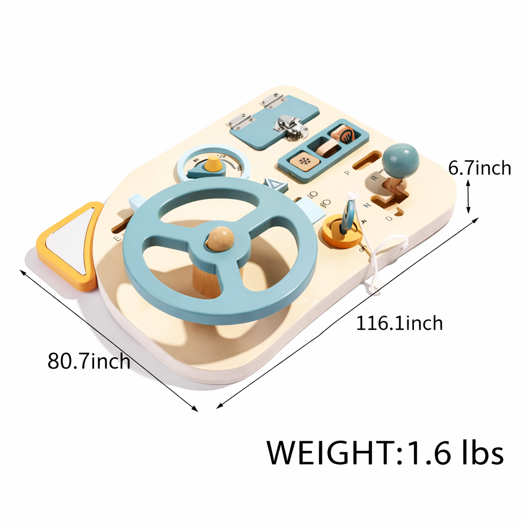 Children's wooden activity board with steering wheel and various compartments, showing dimensions and weight.