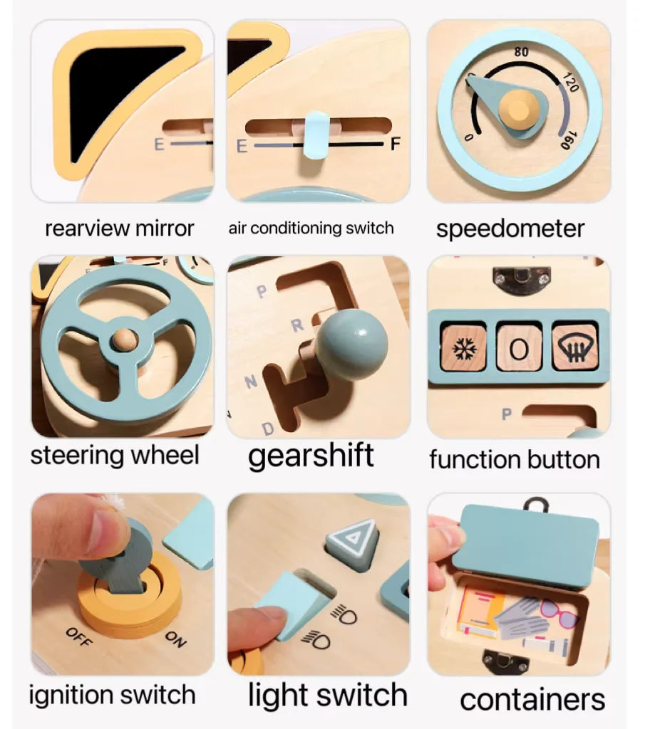 Set of wooden toy controls with labeled parts on a white background