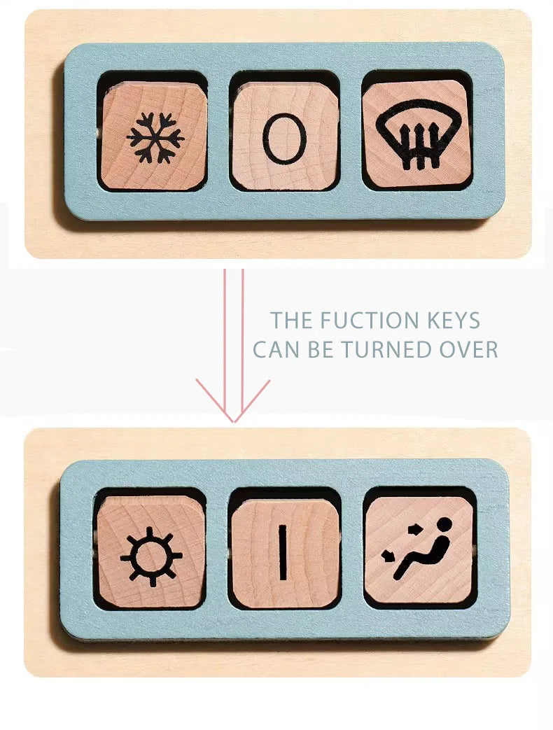 Wooden toy with symbols on keys that can be turned over