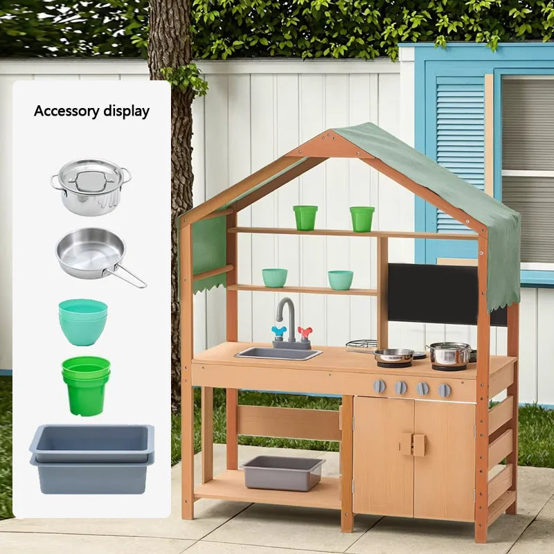 Wooden play kitchen set with accessories displayed outdoors