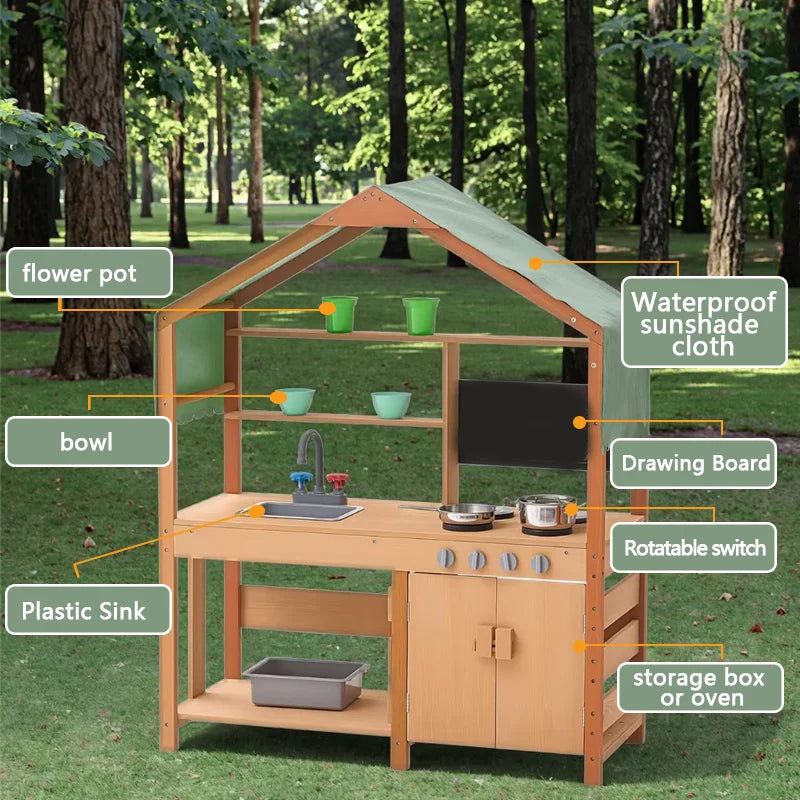 Wooden play kitchen set with labeled components in a forest setting