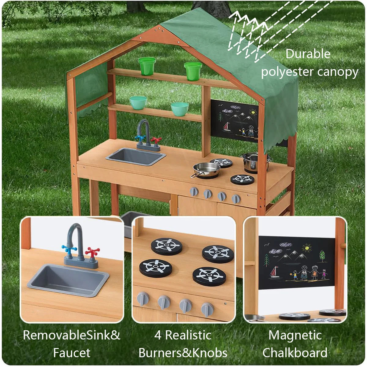Children's play kitchen set with green canopy on grass, featuring sink, stove, and chalkboard.