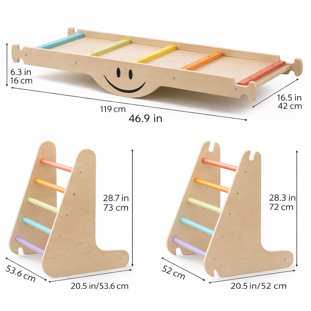 Wooden balance board with colorful bars and dimensions displayed