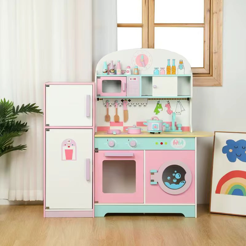 Children's play kitchen set with refrigerator, oven, and microwave in a room setting.
