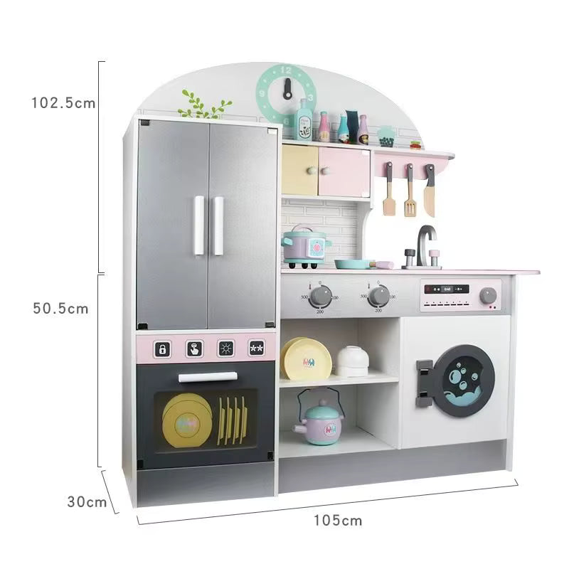 Children's play kitchen set with measurements on a white background