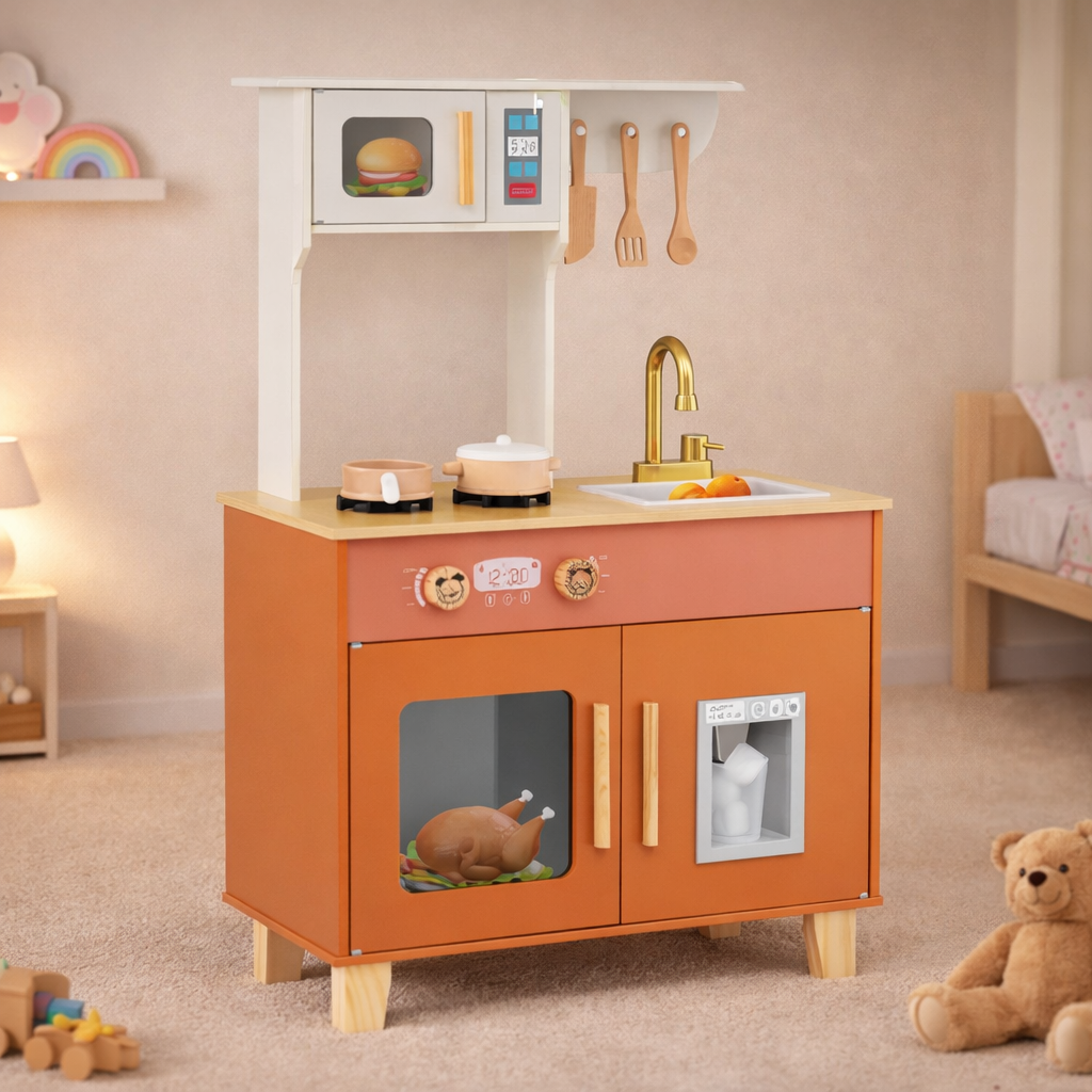 Children's play kitchen set with toy food and utensils in a room setting.