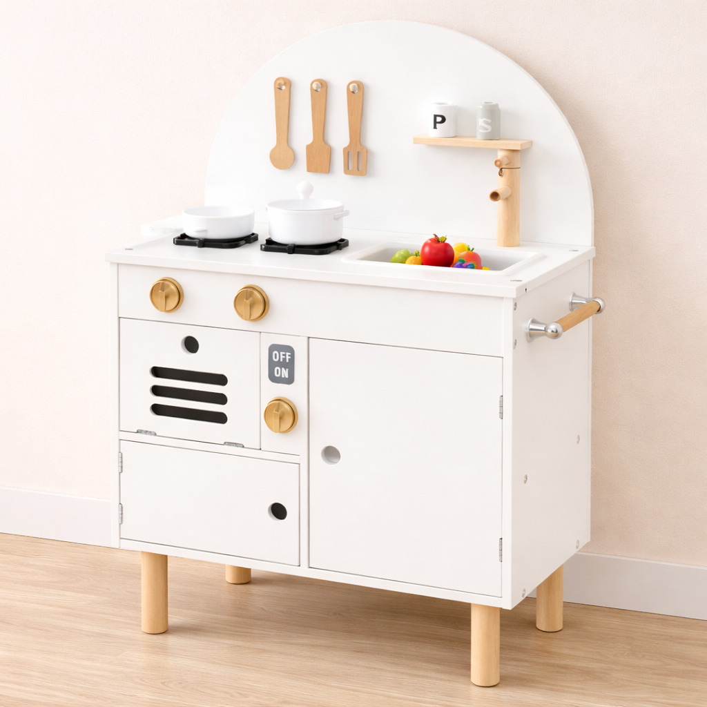 White toy kitchen set with wooden legs on a light wood floor.