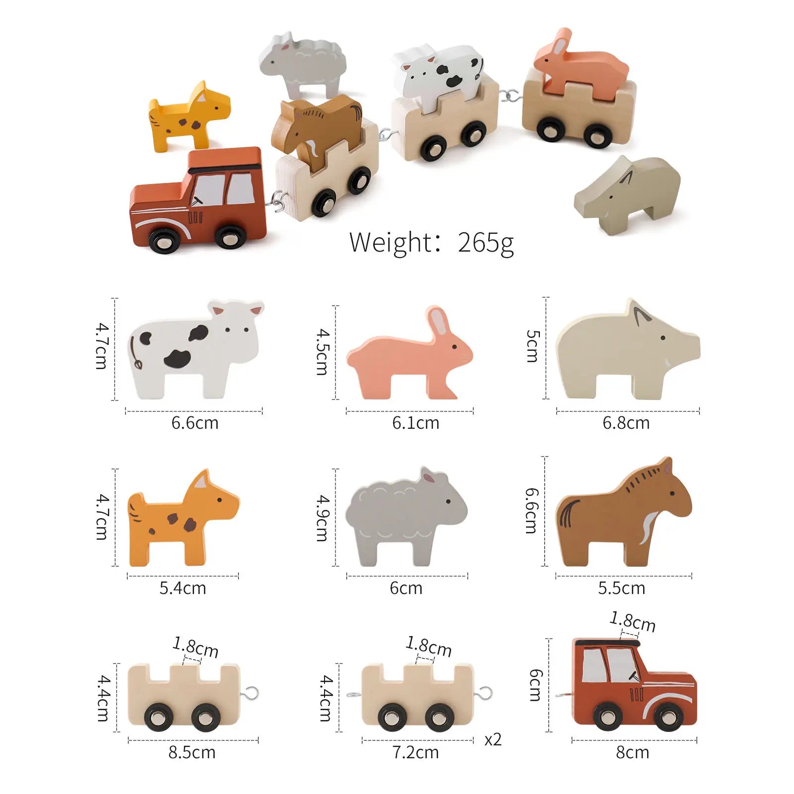 Set of wooden animal toys with measurements and weight displayed.