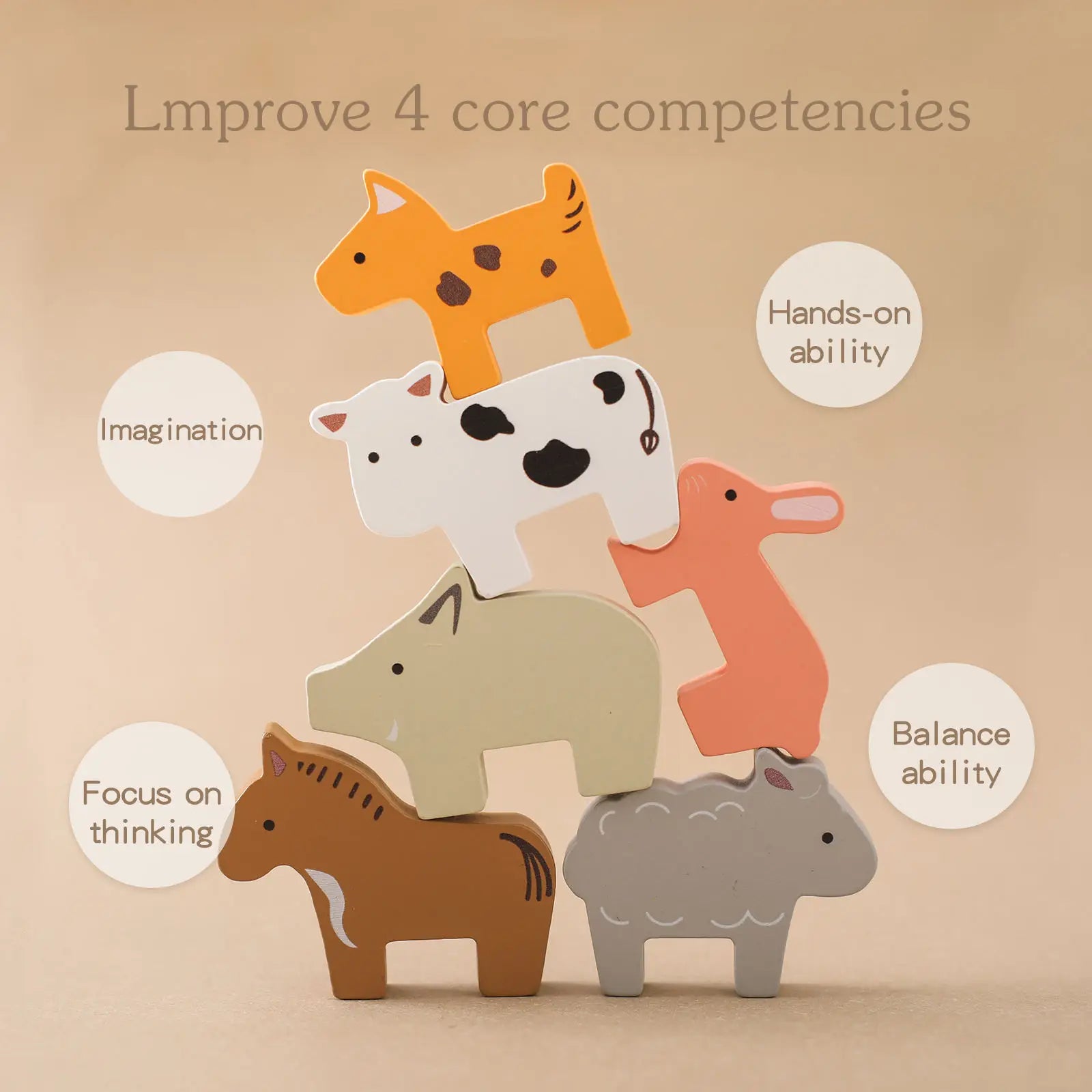 Stack of wooden animal toys with educational text on a beige background