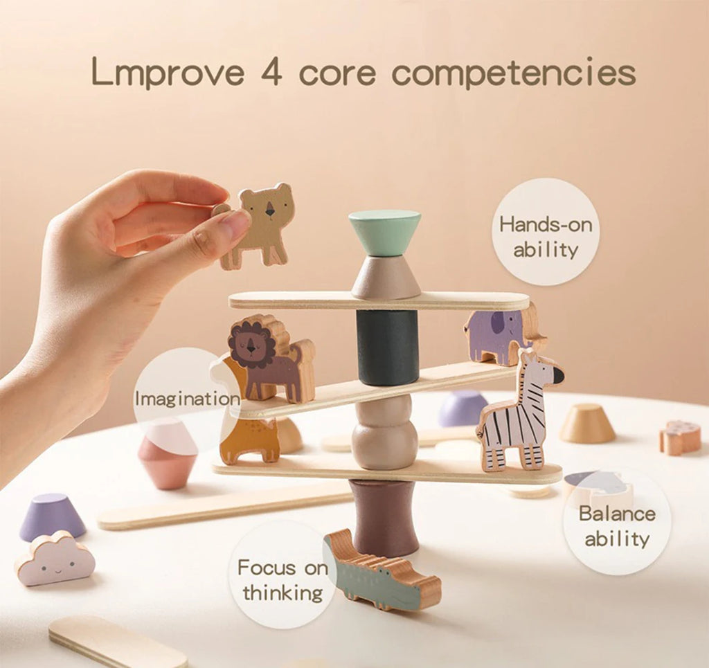 Wooden balance toy with animals and text highlighting core competencies on a light background