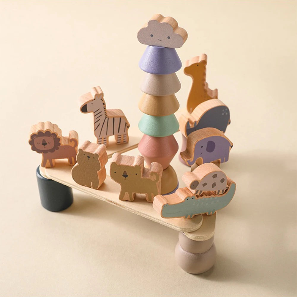Wooden toy with animal figures and colorful stacking rings on a beige background