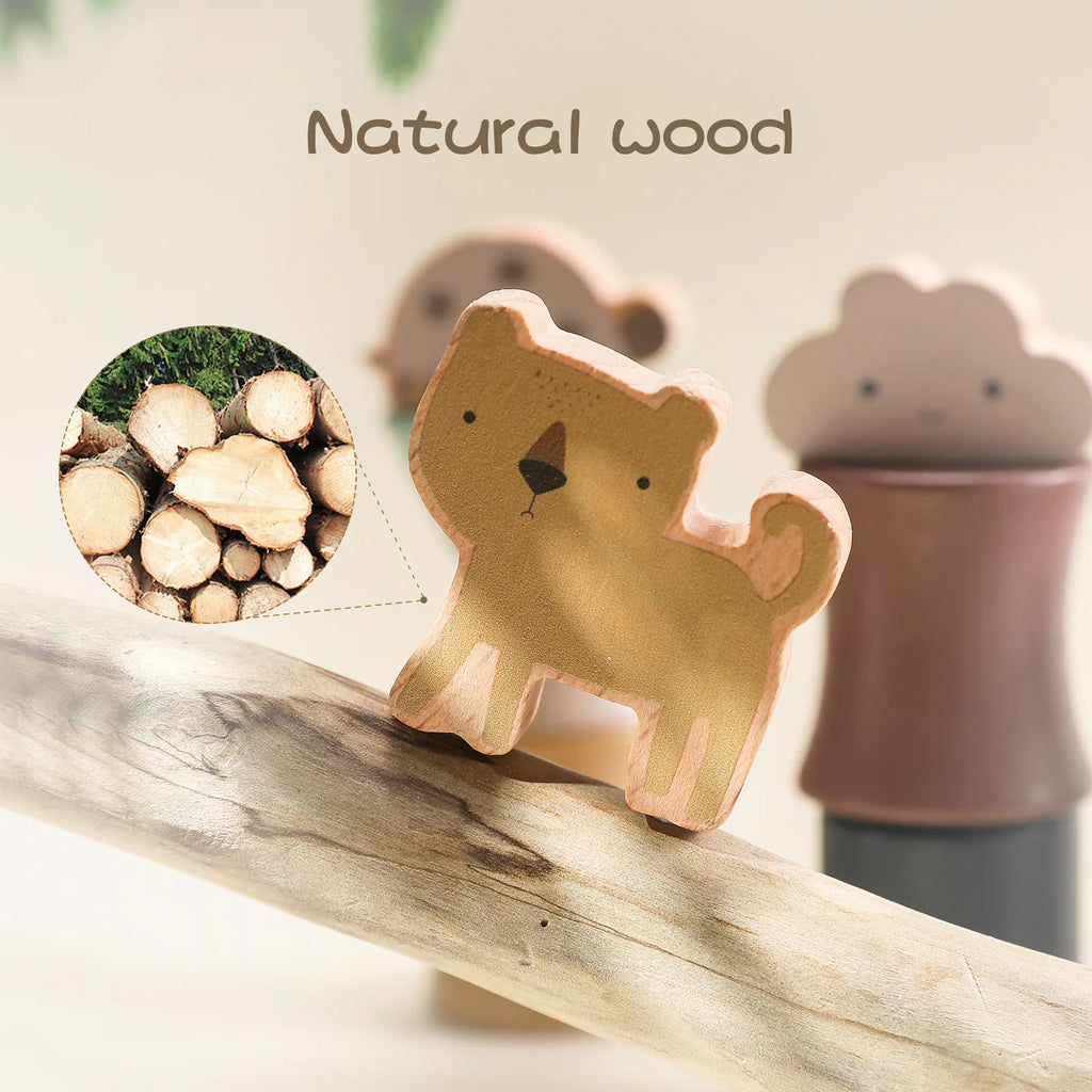 Wooden dog-shaped toy on a branch with 'Natural wood' text and inset of stacked logs.