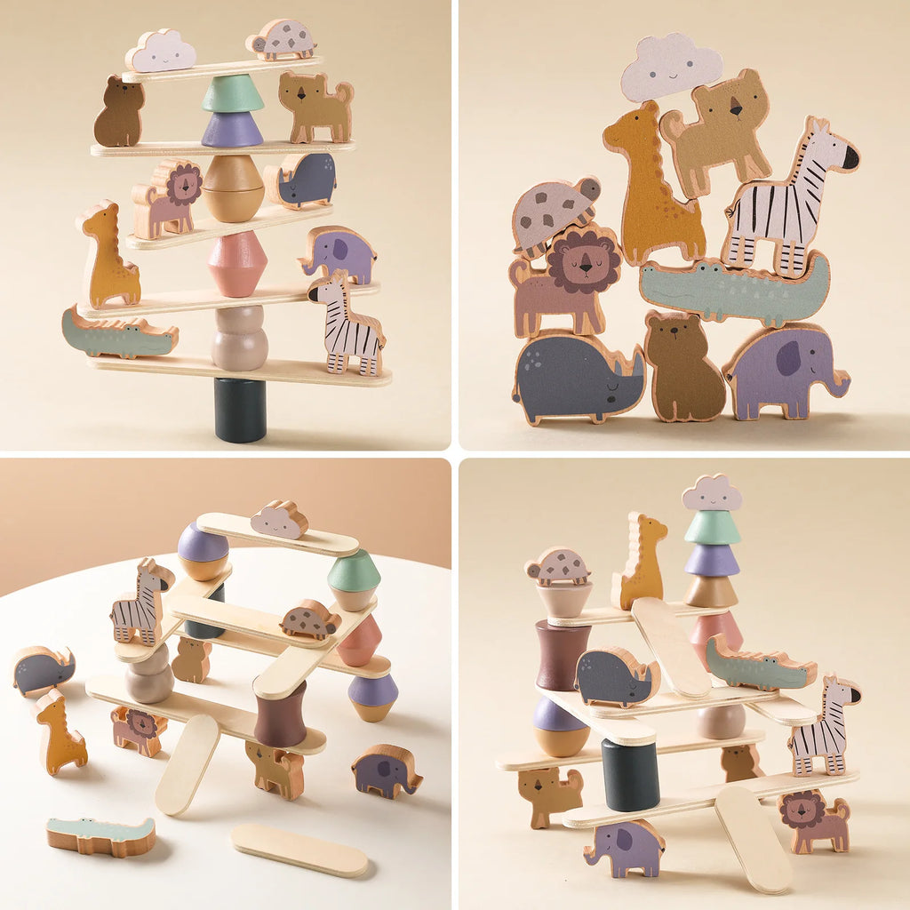Set of wooden animal toys on a stand with a neutral background
