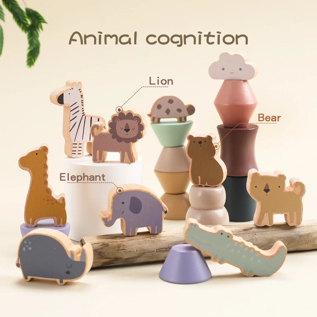 Wooden animal toys with labeled names on a light background