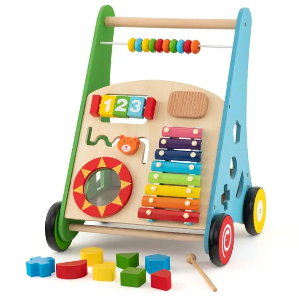 Colorful wooden toy walker with various educational elements on a white background