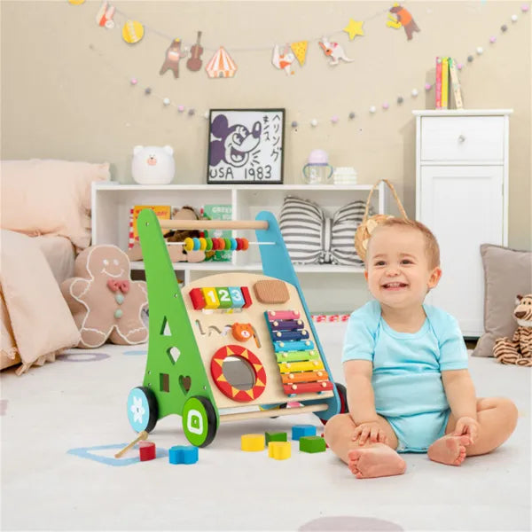 Child playing with a colorful wooden toy in a room with decorative elements.