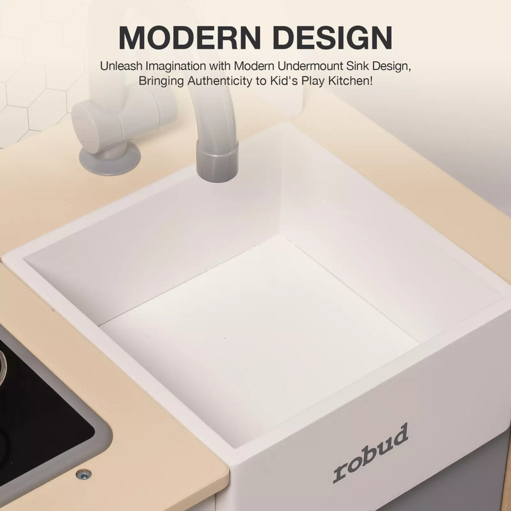 Modern undermount sink with 'robud' branding on a kitchen counter.