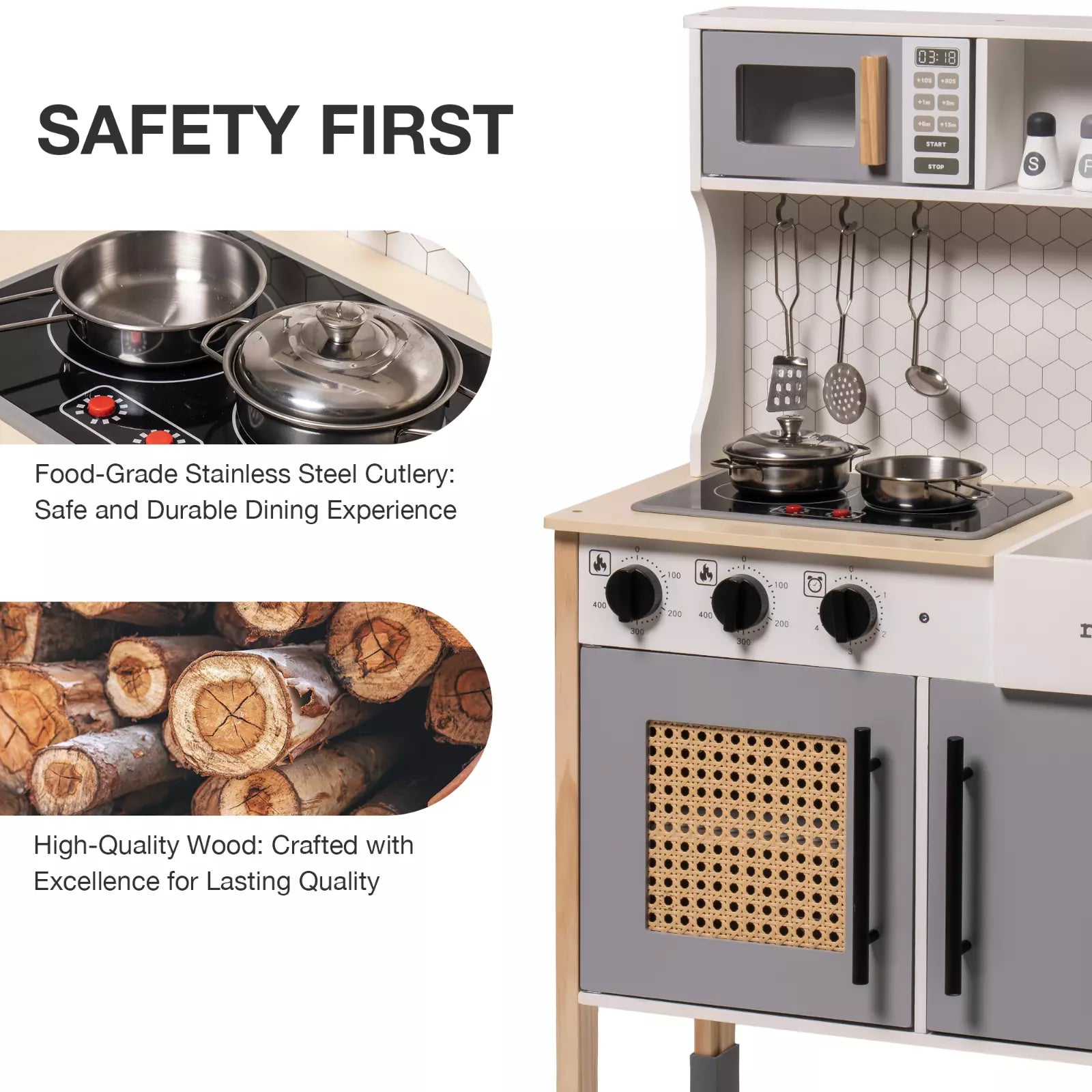 Children's play kitchen set with safety features highlighted, including food-grade stainless steel cutlery and high-quality wood.