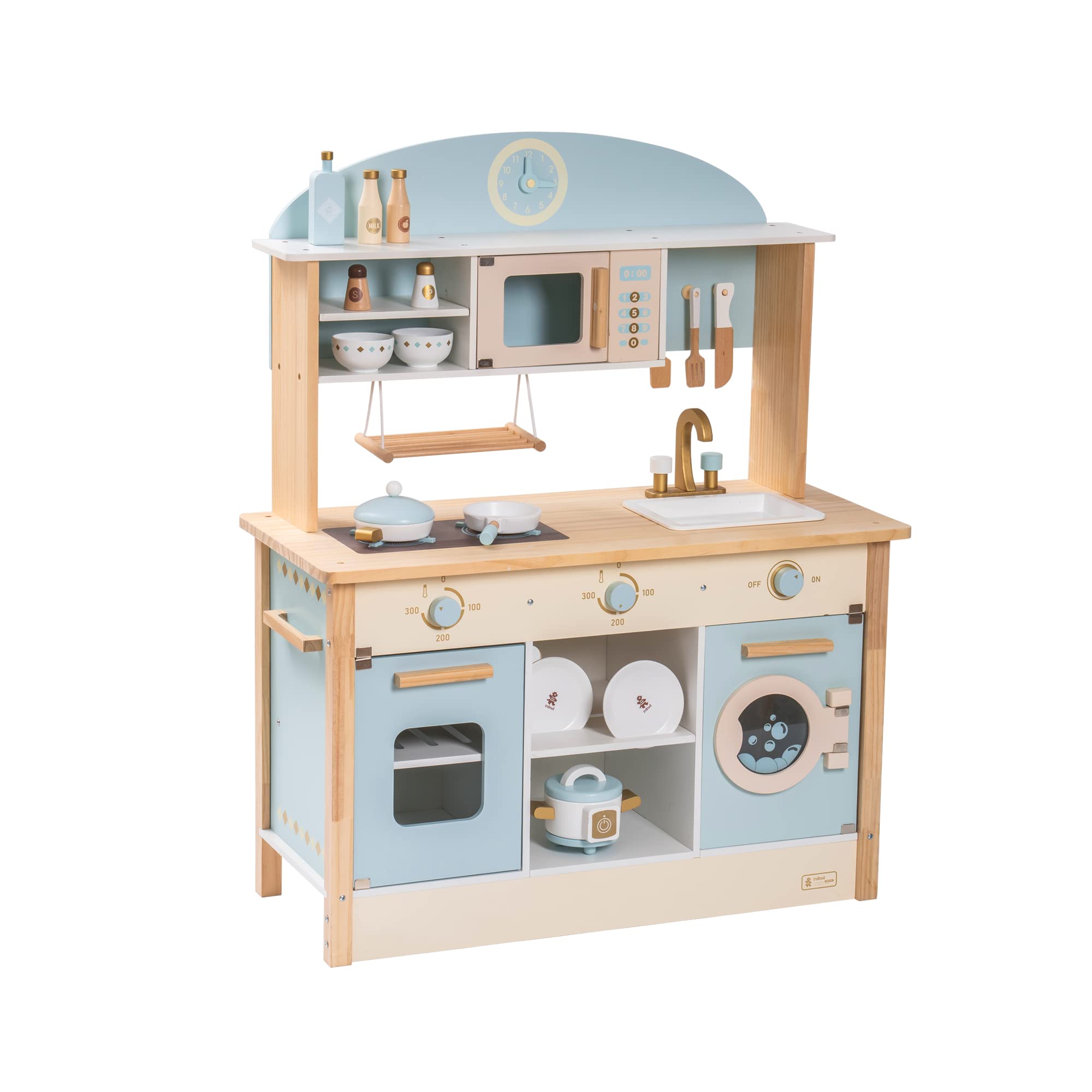 Children's wooden play kitchen set with blue and beige colors on a white background
