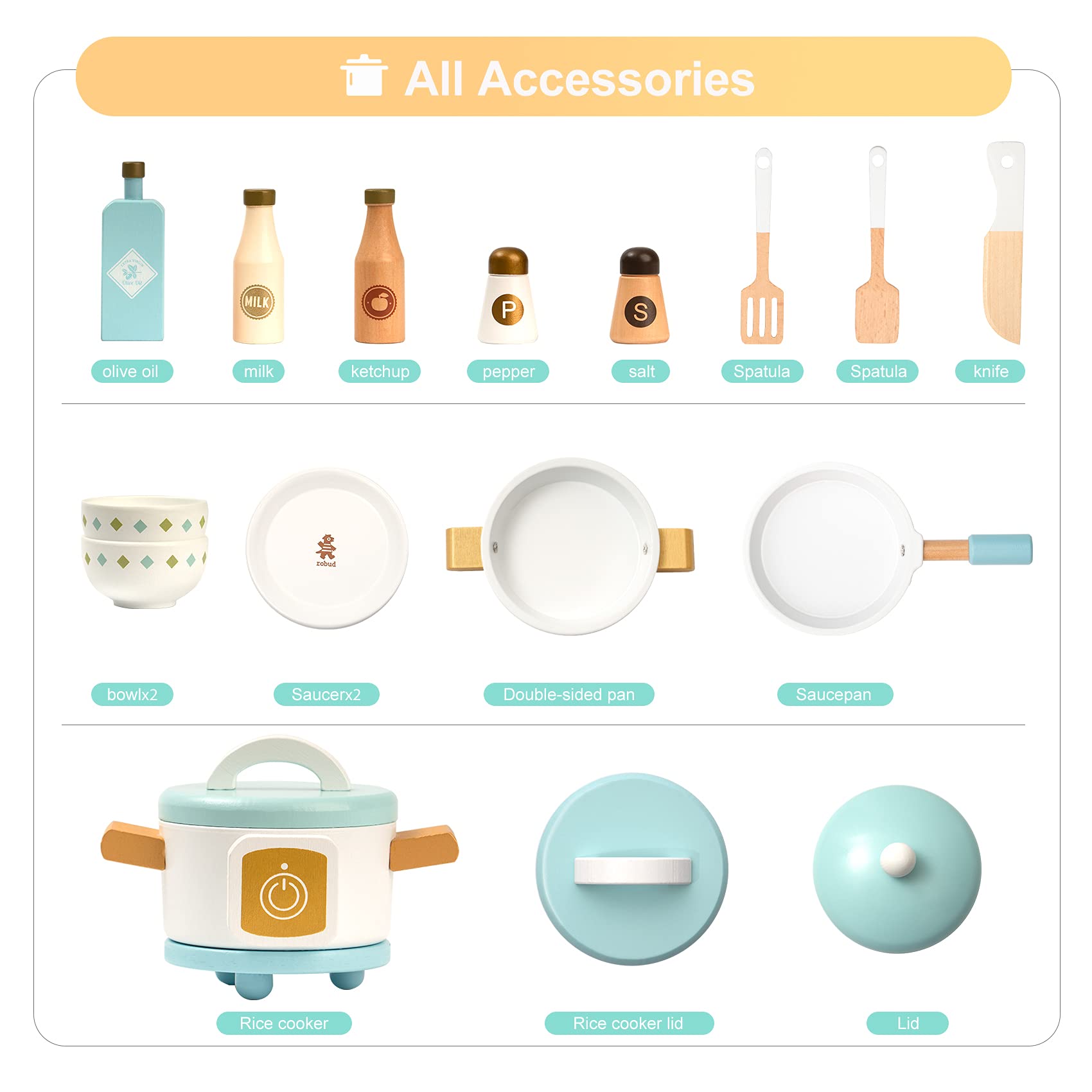 Set of kitchen accessories including bottles, utensils, and cookware on a white background.