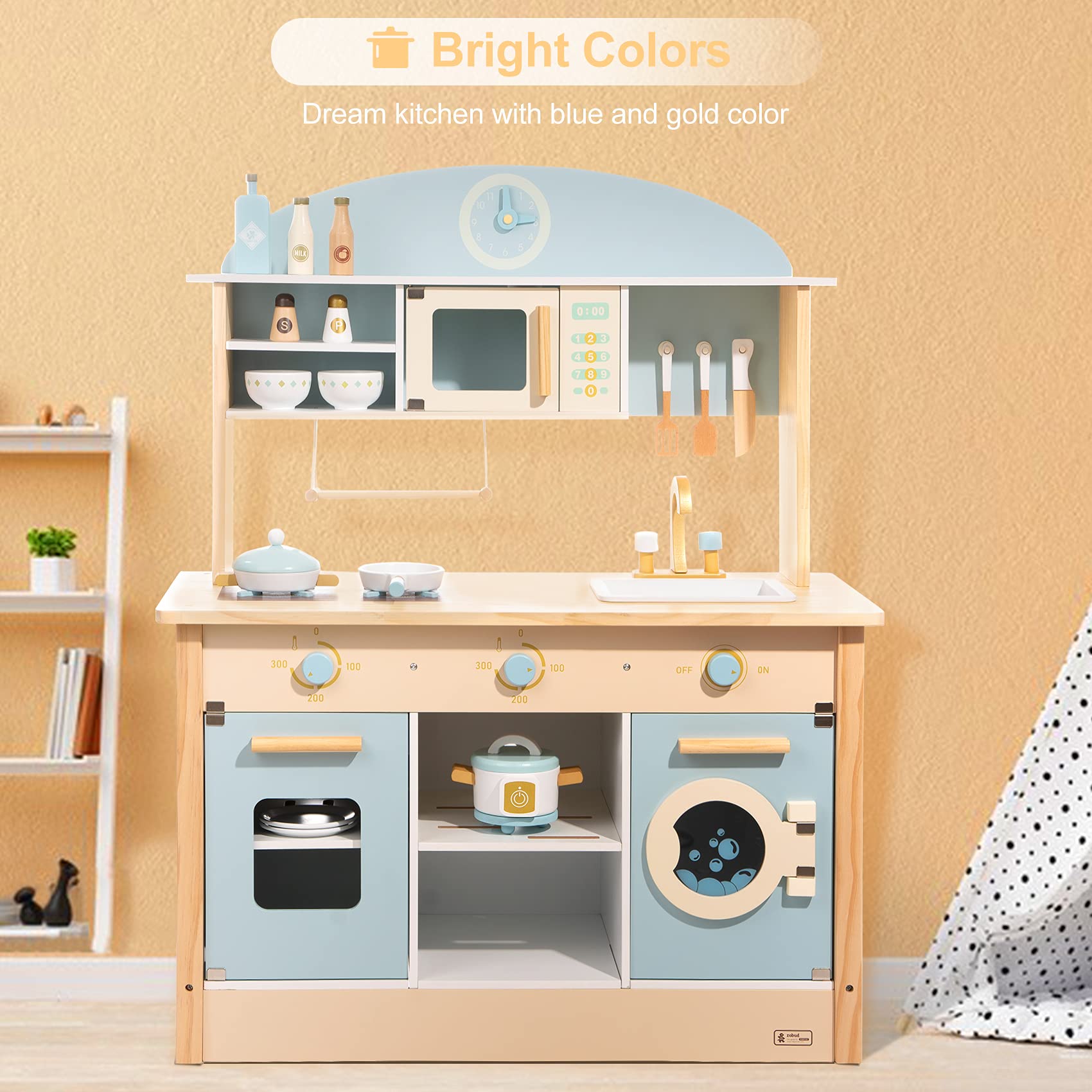 Children's wooden play kitchen set with blue and gold accents on a beige background