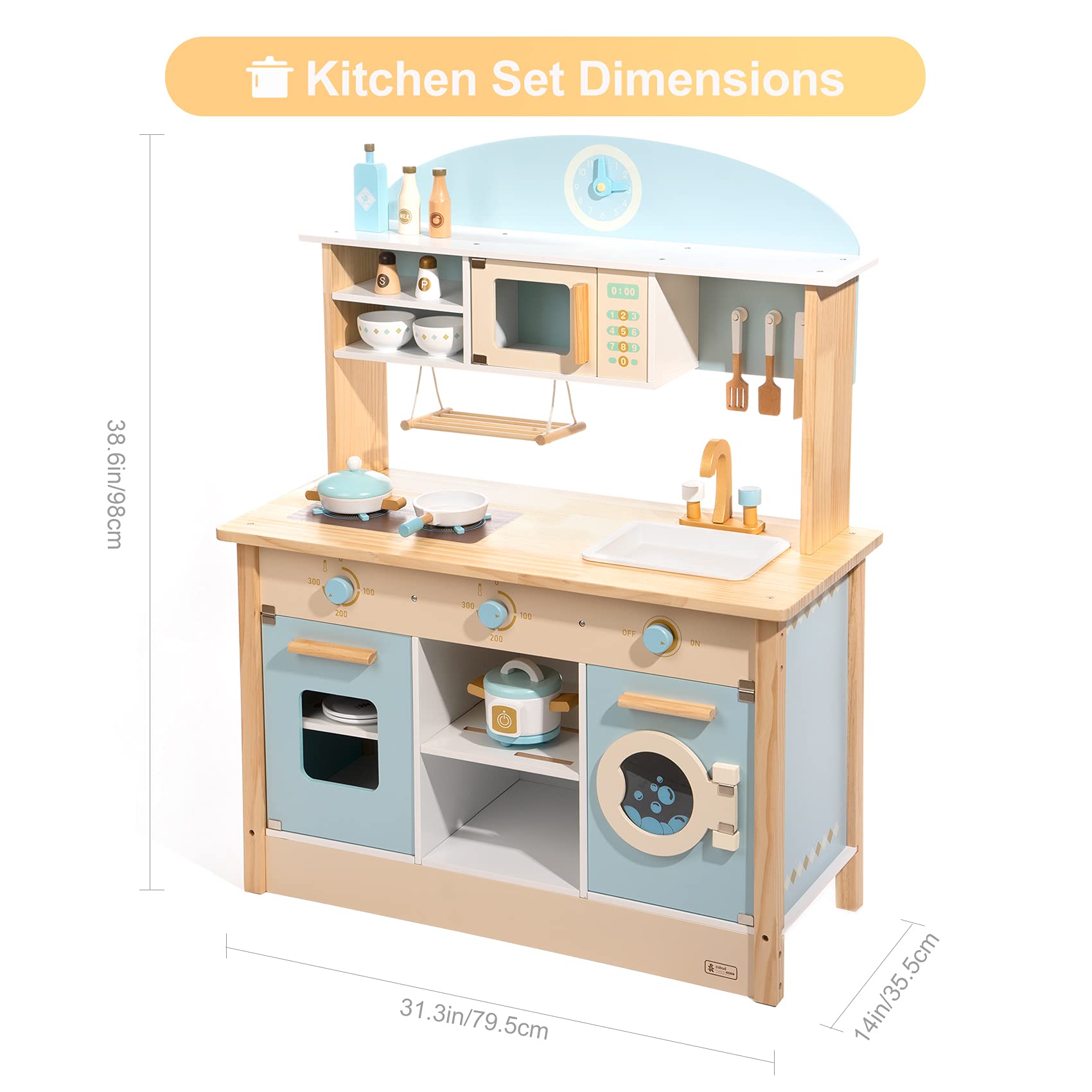 Wooden toy kitchen set with dimensions displayed