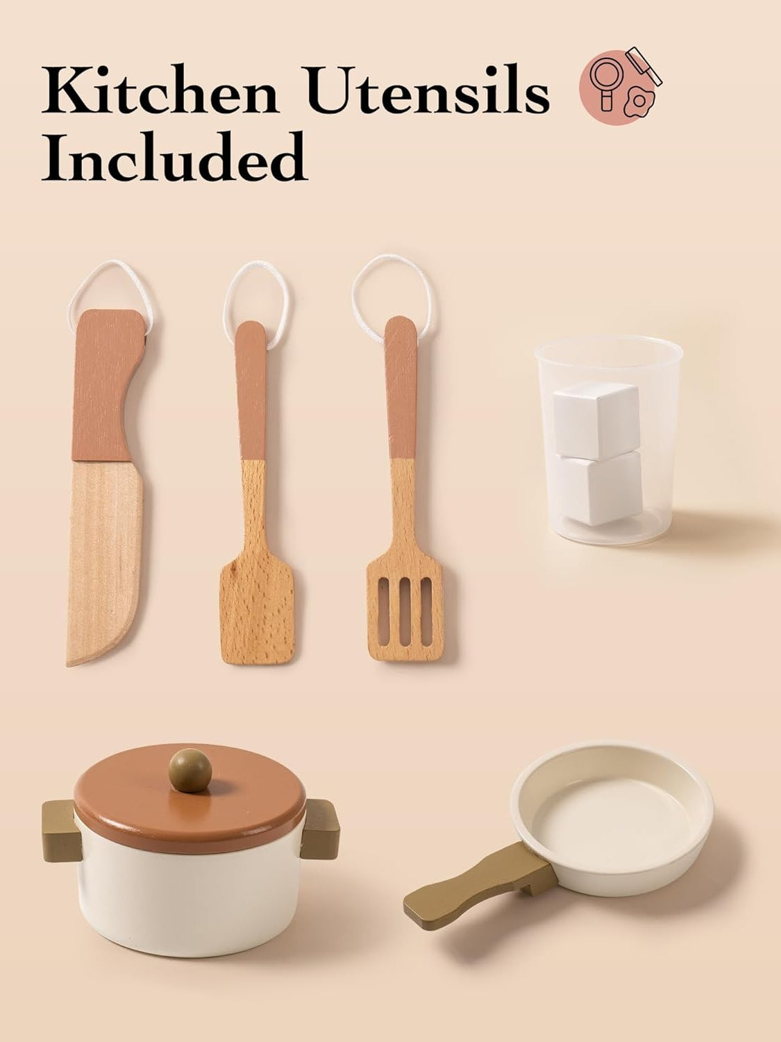 Set of kitchen utensils including a knife, spatulas, pots, and a pan on a beige background.