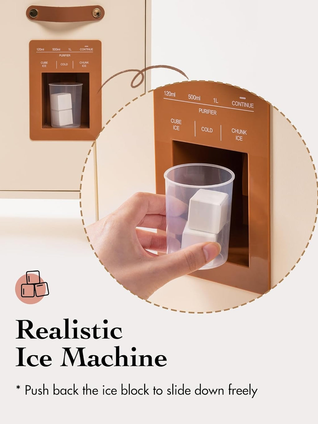 Realistic ice machine with a hand holding a cup and ice cube, on a light beige background.
