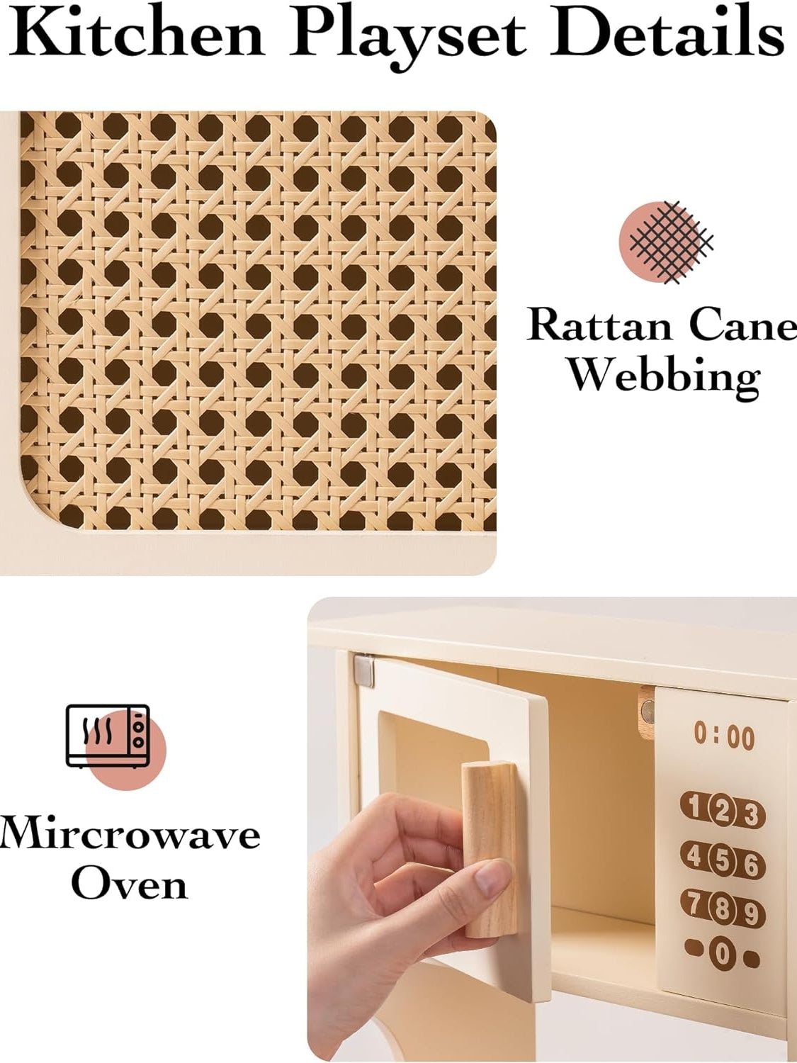 Kitchen playset details with rattan cane webbing and microwave oven illustration.