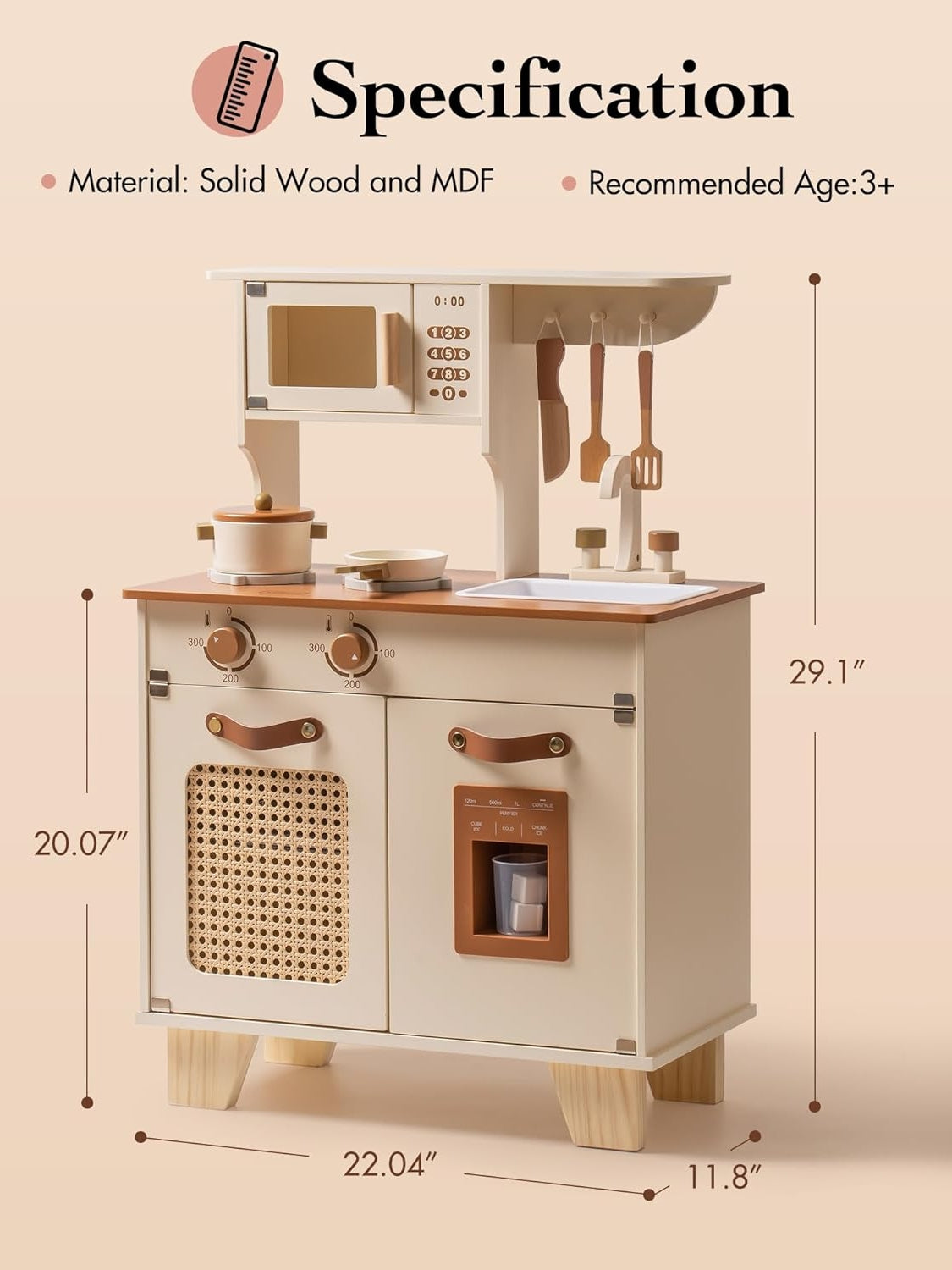 Children's wooden play kitchen set with measurements and material details on a beige background