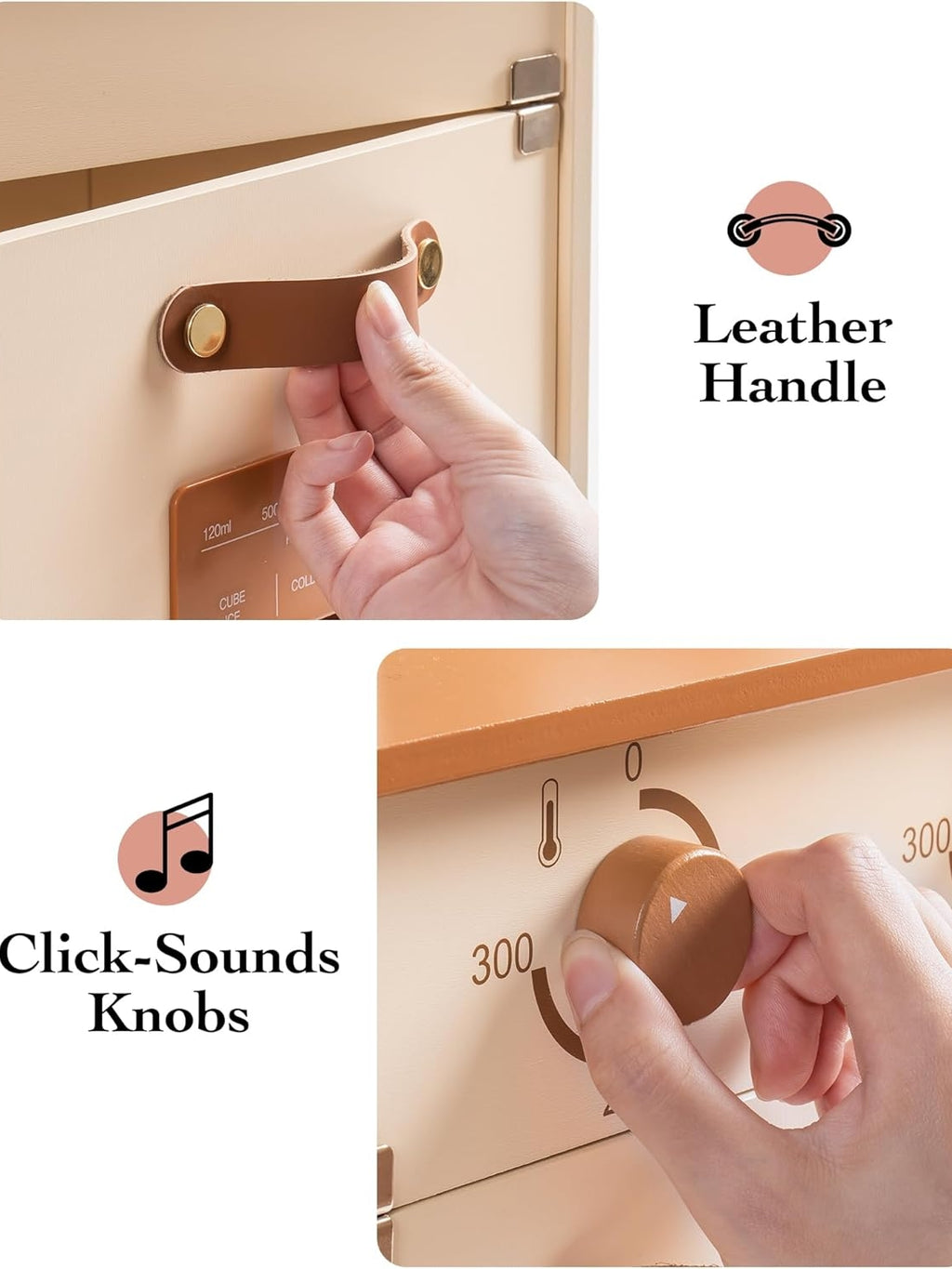 Close-up of a leather handle and click-sounds knobs on a safe.