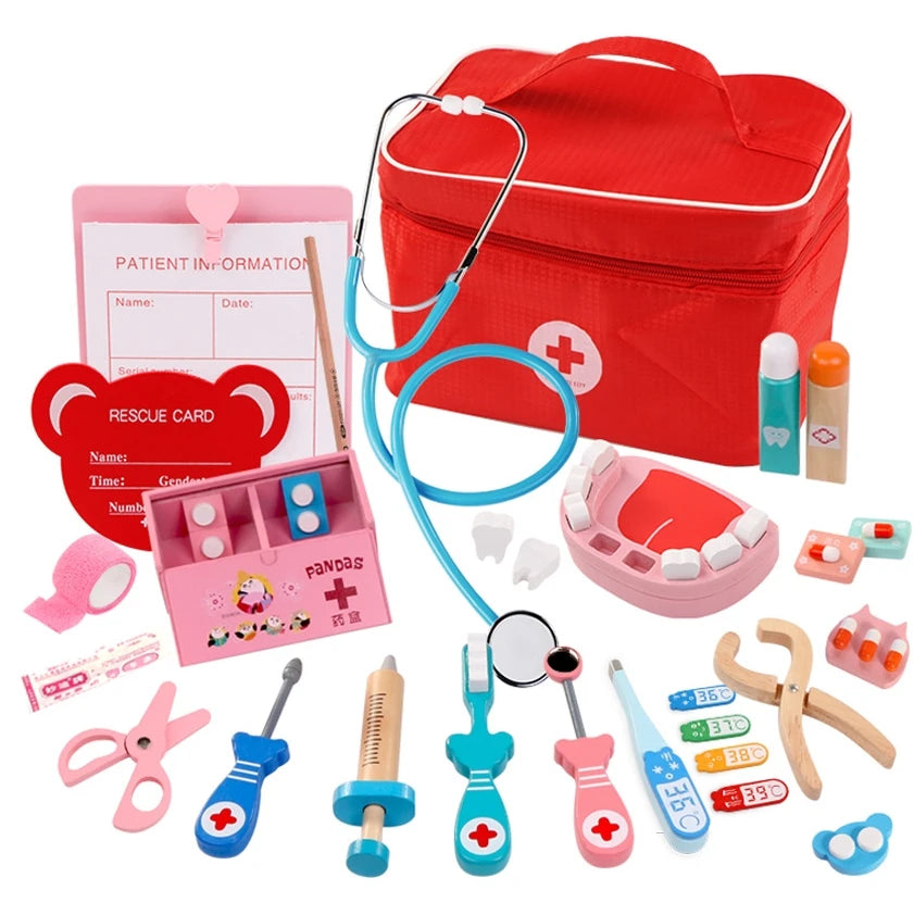 Children's toy medical kit with red carrying case, stethoscope, and various pretend medical tools on a white background.