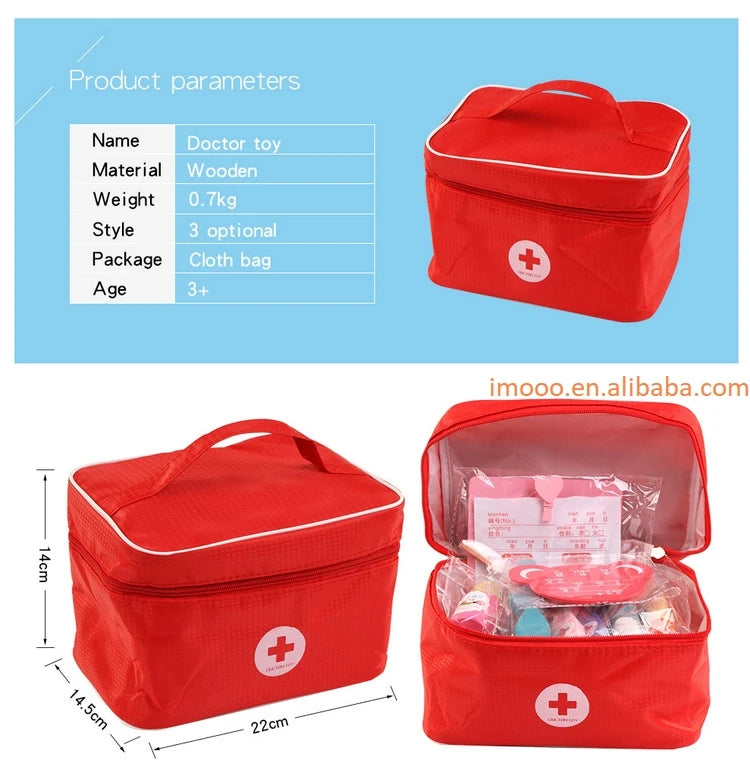 Red toy doctor bag with medical accessories, dimensions, and product parameters on a blue background.