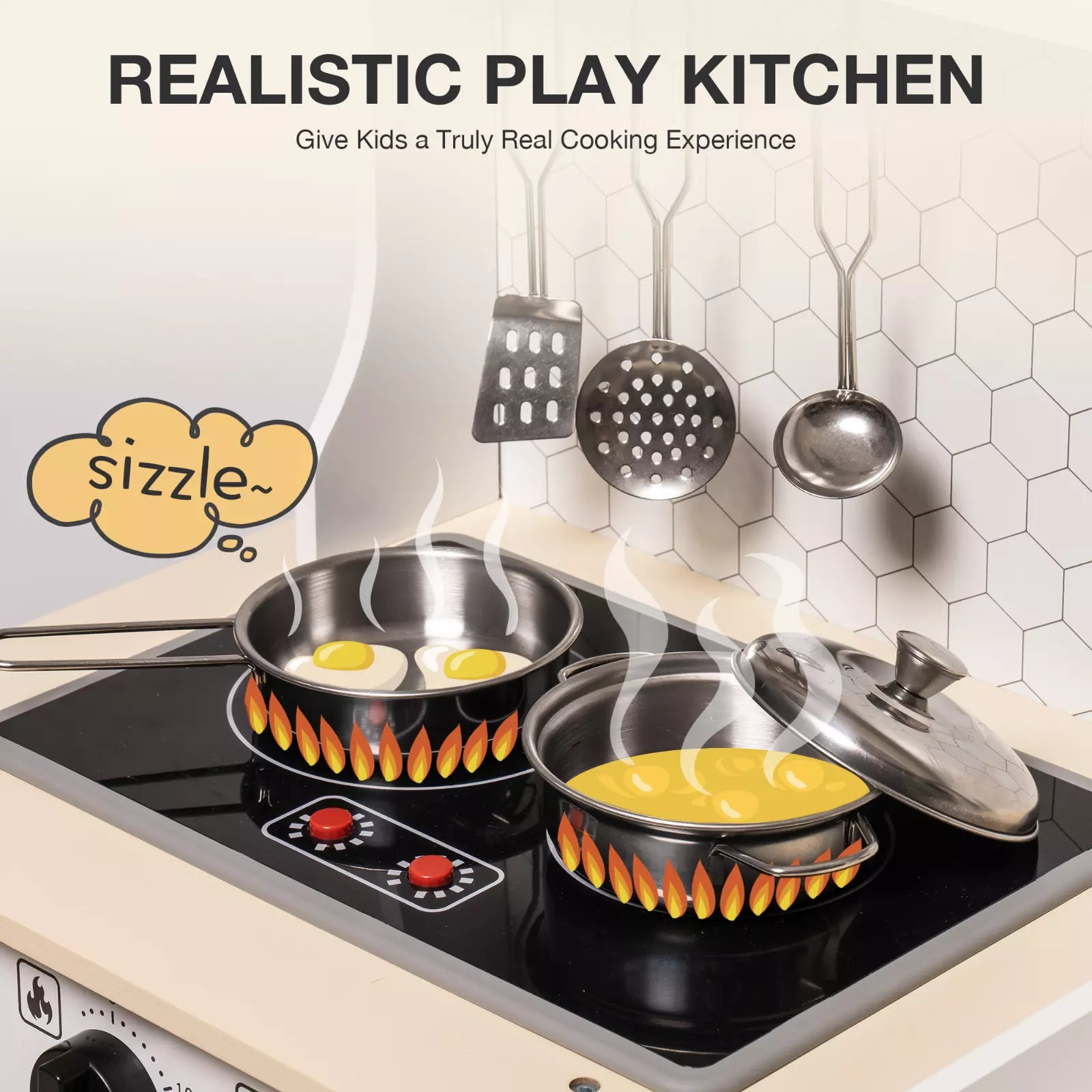 Play kitchen set with stovetop and frying pans, featuring a 'sizzle' sound effect.