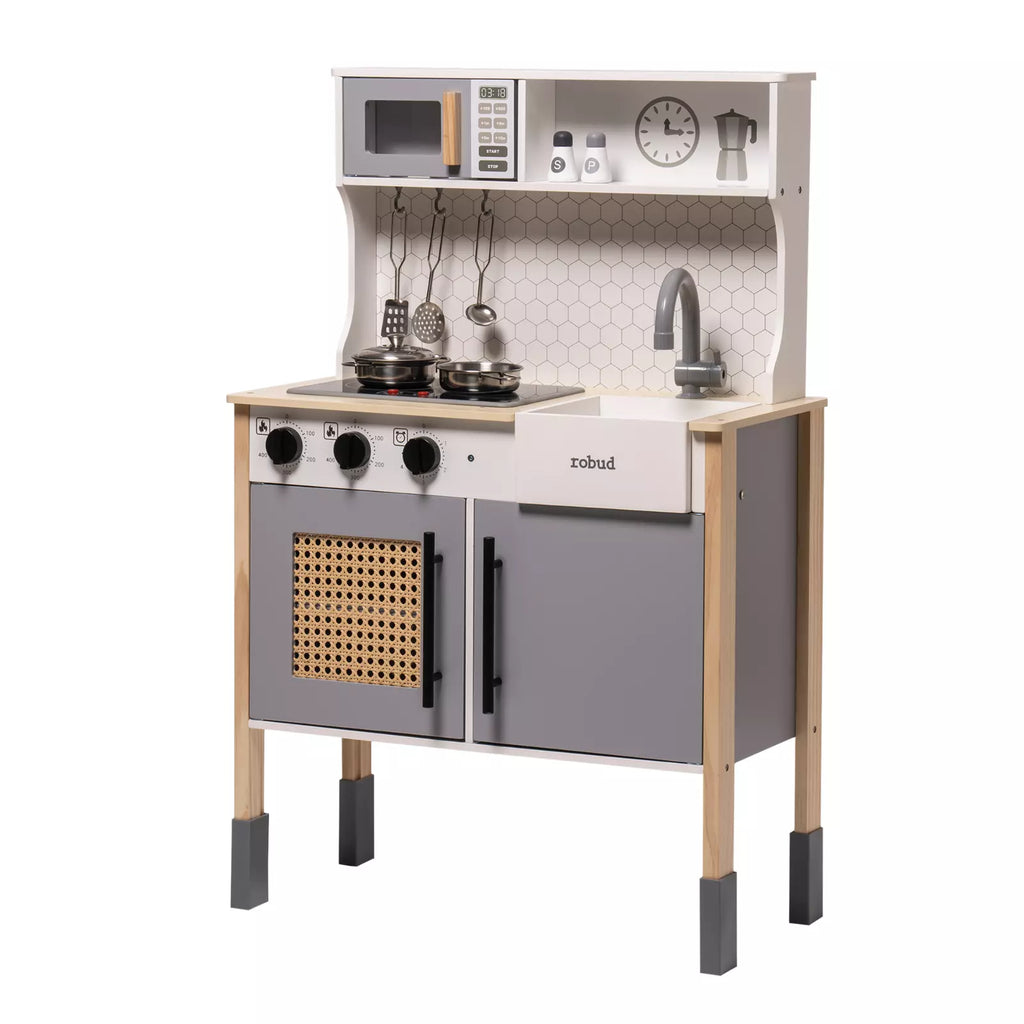 Children's play kitchen set with wooden cabinets, stove, and microwave on a white background