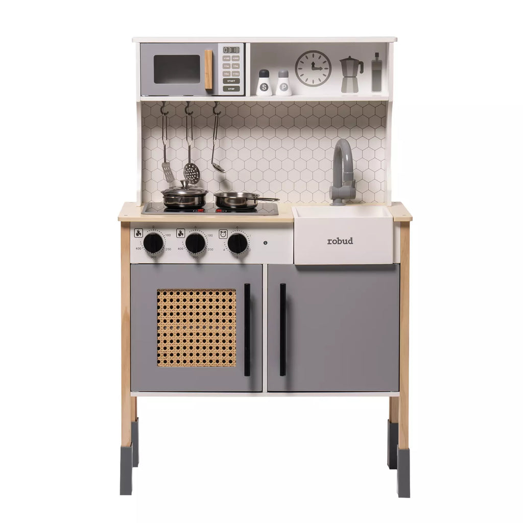 Children's play kitchen set with wooden cabinets, stove, and microwave on a white background